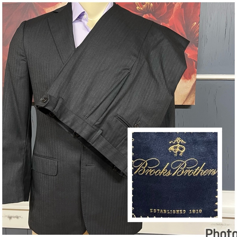 Brooks Brothers Custom Suit Mens 38S Short Wool Pants 30x30 Herringbone Charcoal